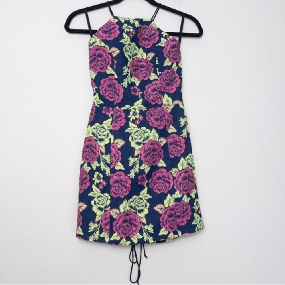 NWT NBD Embroidered Floral Mini Dress S Navy Blue Pink Green Lace Up Bodycon